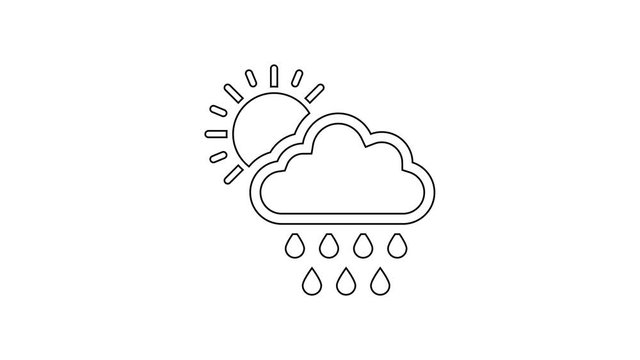 Black Cloud with rain and sun line icon on white background. Rain cloud precipitation with rain drops. 4K Video motion graphic animation