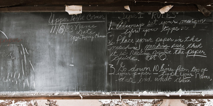 Very last writing on the chalkboard of the abandoned St. Margaret Mary School adjacent to the former St. Margaret Mary Catholic Church, a dilapidated and vandalized church in Detroit
