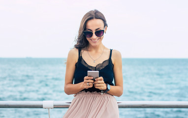 Vacation, travel, relaxation, freedom and happy time. Beautiful smiling young brunette woman in...