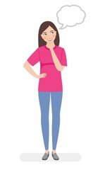A smiling girl in a pink T-shirt and jeans stands and dreams. Flat illustration of a girl on a white background.