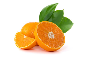 Water drops fresh orange with leaves isolated on white background, Orange slice, Half cut orange...