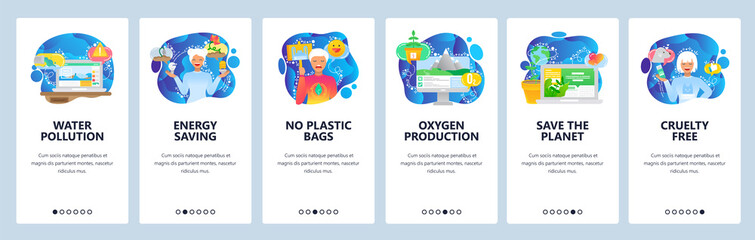 Mobile app onboarding screens. Water and air pollution, save the planet, oxygen production. Menu vector banner template for website and mobile development. Web site design flat illustration