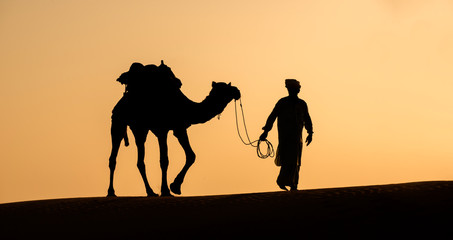 Rajasthan travel background - Indian cameleers (camel drivers) with camels silhouettes in dunes of Thar desert on sunset. Jaisalmer, Rajasthan, India 