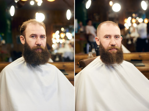 Client's male appearance changing in barber shop. Advantage of visiting professional hairdressing salon. Comparison of look before and after. Men's beauty and rudeness. Collage close up portrait photo