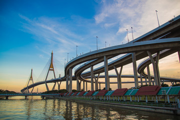 Obraz na płótnie Canvas Bhumibol bridge views at sunset in Bangkok Thailand