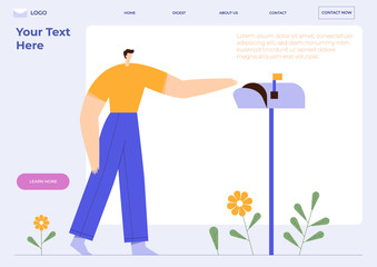 Landing page template with man and mailbox. Mail service concept, cartoon male character receiving letter. Flat vector illustration.