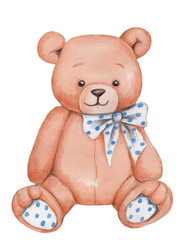 Cute cartoon teddy bear sitting, watercolor hand drwn illustration.