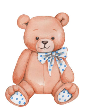 Naklejki Cute cartoon teddy bear sitting, watercolor hand drwn illustration.