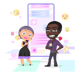 Pretty woman is chatting with handsome man with smartphone. Dating and virtual relationship concept. Chat bubbles and emojis on the background. Vector illustration