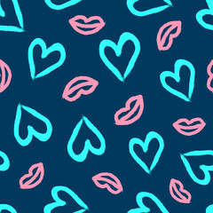 Seamless pattern with lips and hearts drawn by hand with a rough brush. Sketch, watercolor, paint. Stylish print. Vector illustration. - 286347122