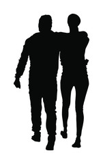 Hugged couple in love vector silhouette. Boy and girl hugging and walking. Togetherness between friends. Teenagers tenderness and closeness. Girlfriend and boyfriend romance. Man love his woman.