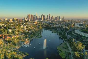 Aerial view of Echo Park and downtown Los Angeles during golden hour