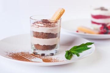 chocolate tiramisu in a glass for a restaurant menu