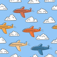 Hand drawn seamless vector pattern with planes and clouds.