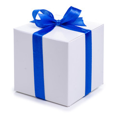 White box with blue ribbon bow gift on white background isolation