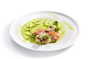 Salmon steak on plate closeup