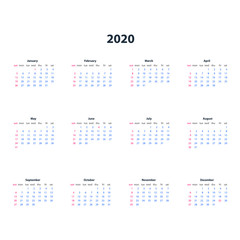 Calendar 2020 template with number of a colored facet. Calendar with USA holidays in pink colors.