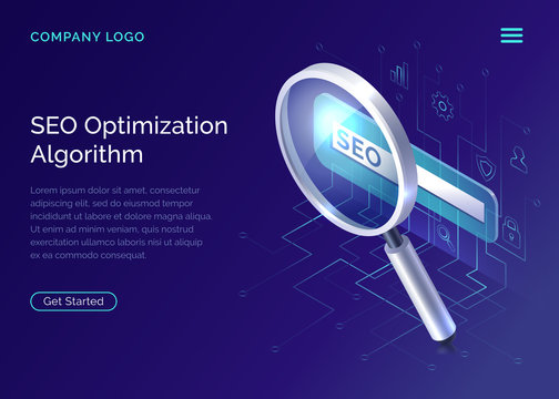 SEO, search engine optimization algorithm, concept vector isometric illustration. Large magnifying glass for monitoring and analyzing data, blue landing website page, interface template