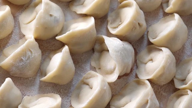 Homemade meat dumplings, closeup. Russian traditional meal. Rotate