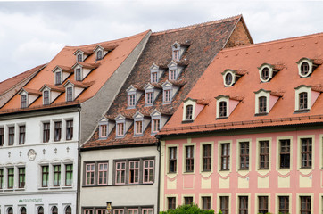 Naumburg, Germany - August, 06, 2019; unusual beautiful roofs in the center of an old German town