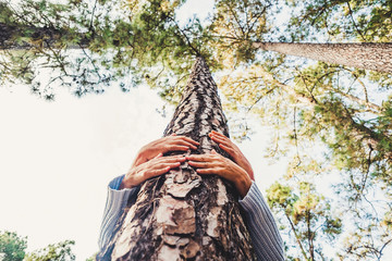 People protecting trees from deforestation concept with couple of senior caucasian hands hugging with love a pine in the wood - earth's day and save the planet positive message