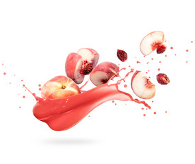 Sliced peaches with splash of fresh juice, isolated on white background © Krafla