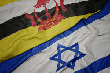 waving colorful flag of israel and national flag of brunei.
