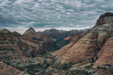 Aerial view of the Zion National Park on a cloudy day, Utah
