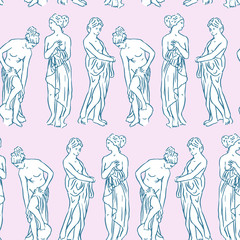 Vector greek statues seamless pattern. Ancient sculpture of goddess: Diana, Athena, Venus, Feminine girlfriends design.