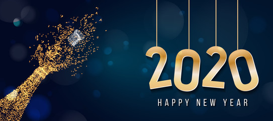2020 New Year. 2020 Happy New Year greeting card. 2020 Happy New Year background. 2020 Happy New Year background with gold glitter champagne bottle. © detakstudio