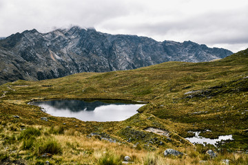 Fototapeta na wymiar Lake View on Santa Cruz Trek in Huscaran National Park in the Cordillera Blanca in Northern Peru 