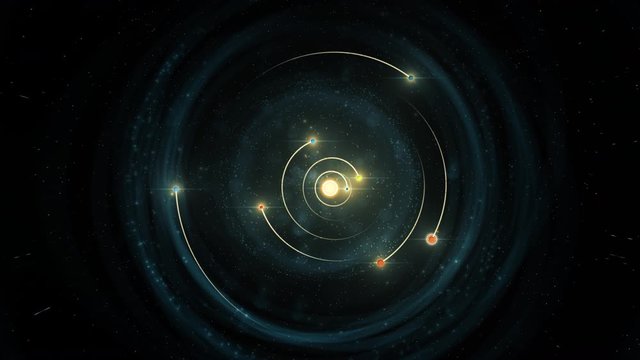 Crane of a diagram of all the planets of the solar system, the sun moves through the universe and each planet rotates in orbit on its own sketched path.