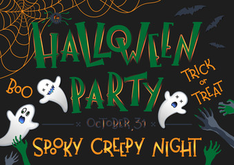 Halloween party poster with lettering,ghosts,bats and spider.Halloween design perfect for prints,flyers,banners invitations,greetings,social media and more.Vector Halloween illustration.