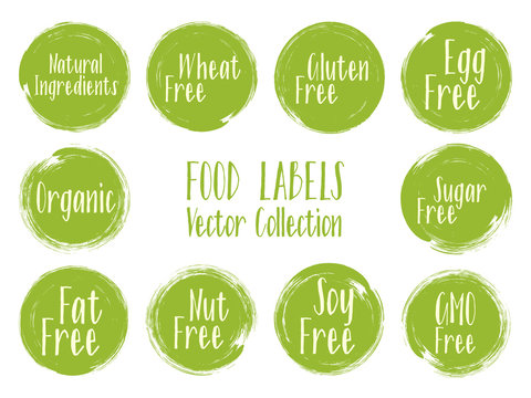 Vector organic labels, natural ingredients emblems, sugar free icon for natural products packaging.