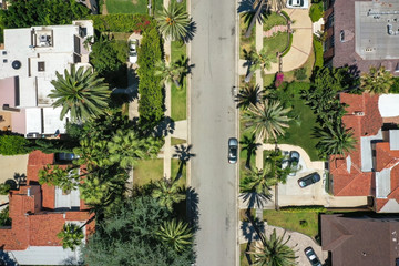 Drone view of a street in Beverly Hills, California