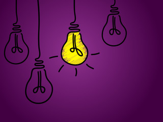 Glowing light bulb scribble hand drawn vector illustration isolated on ultra violet