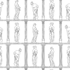 Vector greek statues seamless pattern on architectural background. Ancient sculpture of goddess: Diana, Athena, Venus. Classic Greek and Roman design.
