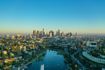 Echo Park and downtown of Los Angeles in the sunset - obrazy, fototapety, plakaty