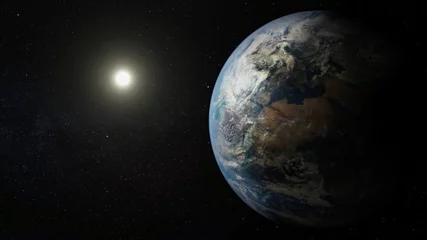 Velours gordijnen Volle maan en bomen Planeet aarde onder het verre zonlicht. Elementen van deze afbeelding geleverd door NASA.