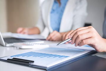 Professional Business woman partner discussing ideas plan and presentation new project at meeting collaboration, working and analyzing in workspace office, financial and investment concept