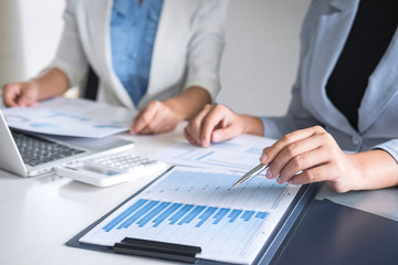 Fototapeta premium Executive business woman team brainstorming on meeting to conference planning investment project working and strategy of business making conversation with partner, financial and accounting concept