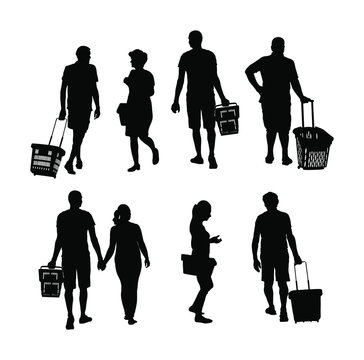 Family doing everyday grocery with shopping basket at supermarket vector silhouette isolated. Man and woman with consumer bag buy food and goods. Procurement of supplies. Couple home budget planning