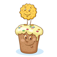Funny bakery products - cupcake and cookie in cartoon style. Isolated on white background.