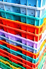 Colorful boxes of Fishermen piled on top of each other on the edge of the harbor dock by a sunny day
