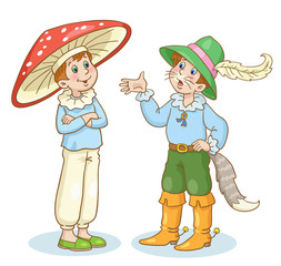 Two little boys in the carnival costumes of Puss in Boots and Amanita are standing isolated on white background. In cartoon style. 