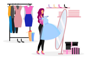 Choosing clothes in wardrobe flat illustration. Shopper buying new outfit in clothing store. Elegant lady purchasing evening gown for festive event. Fashionista, shopaholic in boutique fitting room