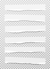 Set of torn, ripped white paper strips with soft shadow are on squared background. Vector template illustration