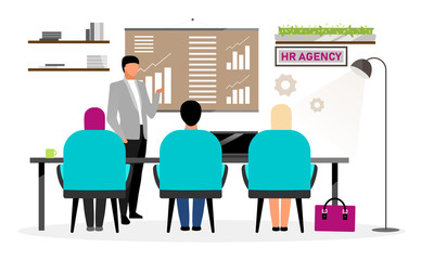 Job search interview flat vector illustration. HR agency specialist meeting with candidates. Recruiting company expert explaining professional duties to applicants. Headhunters in conference room