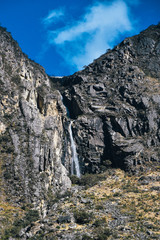 Waterfall on Santa Cruz Trek in Huscaran National Park in the Cordillera Blanca in Northern Peru 