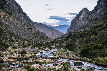 River on Santa Cruz Trek in Huscaran National Park in the Cordillera Blanca in Northern Peru 